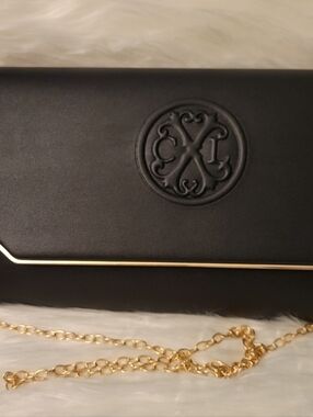 Christian Lacroix Black Embossed Logo Clutch with Gold Chain
